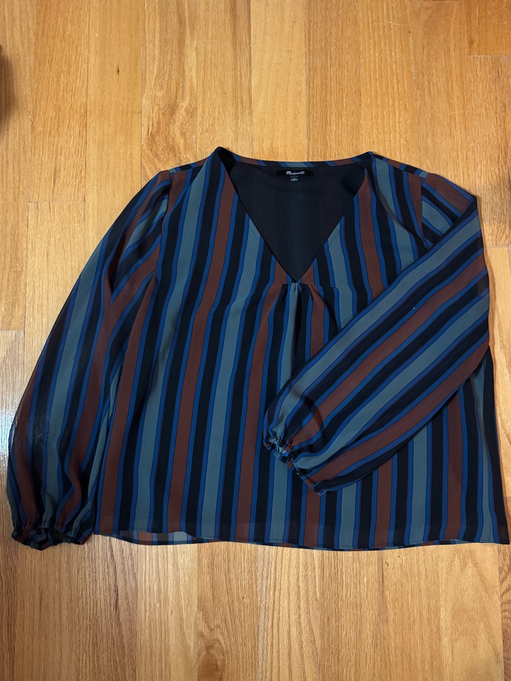 Madewell Striped V-Neck Blouse in Blue and Brown